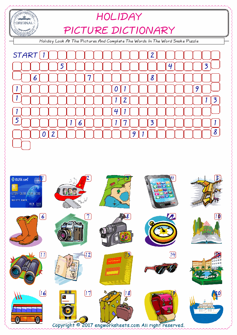  Check the Illustrations of Holiday english worksheets for kids, and Supply the Missing Words in the Word Snake Puzzle ESL play. 